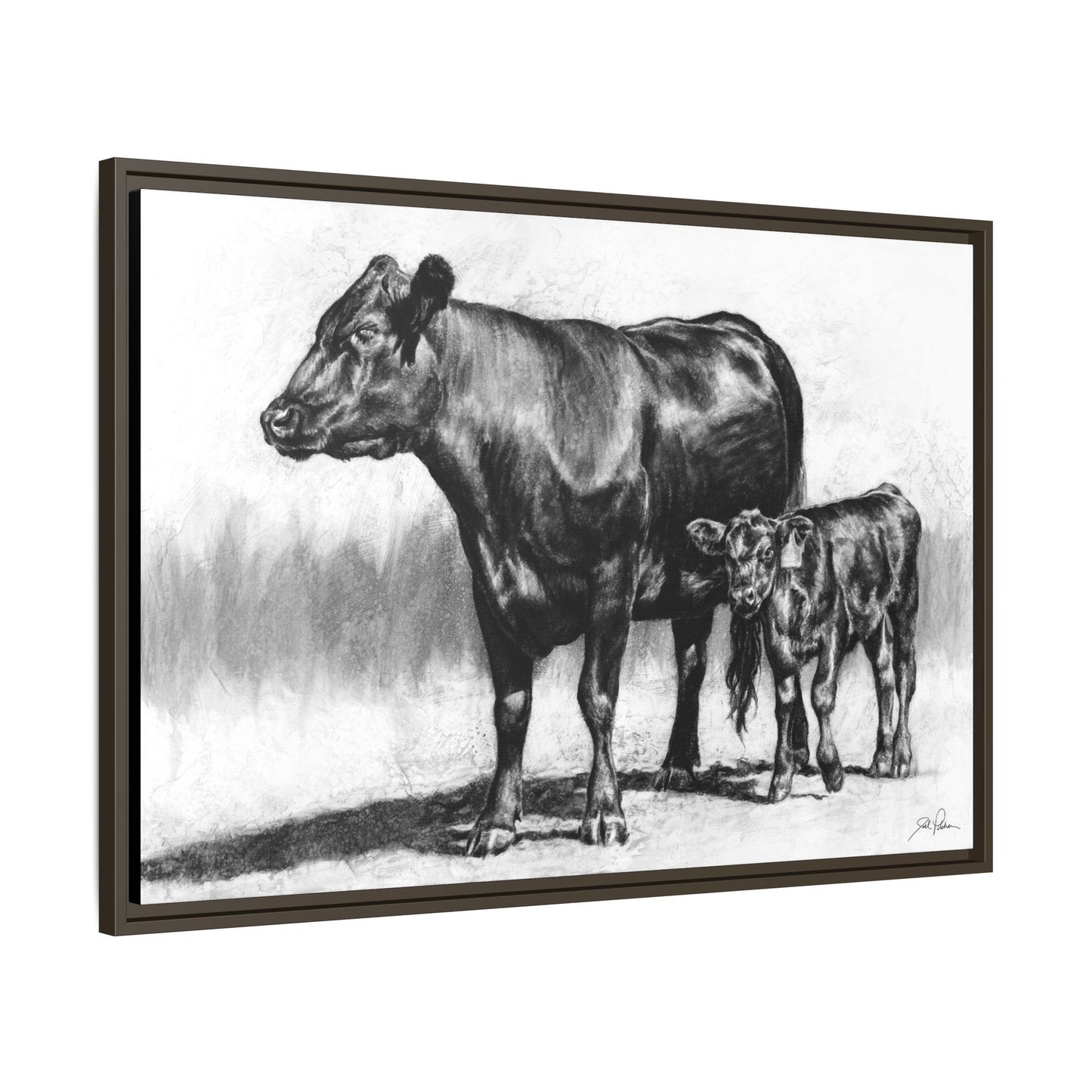 "Mama Cow & Calf" Framed Canvas