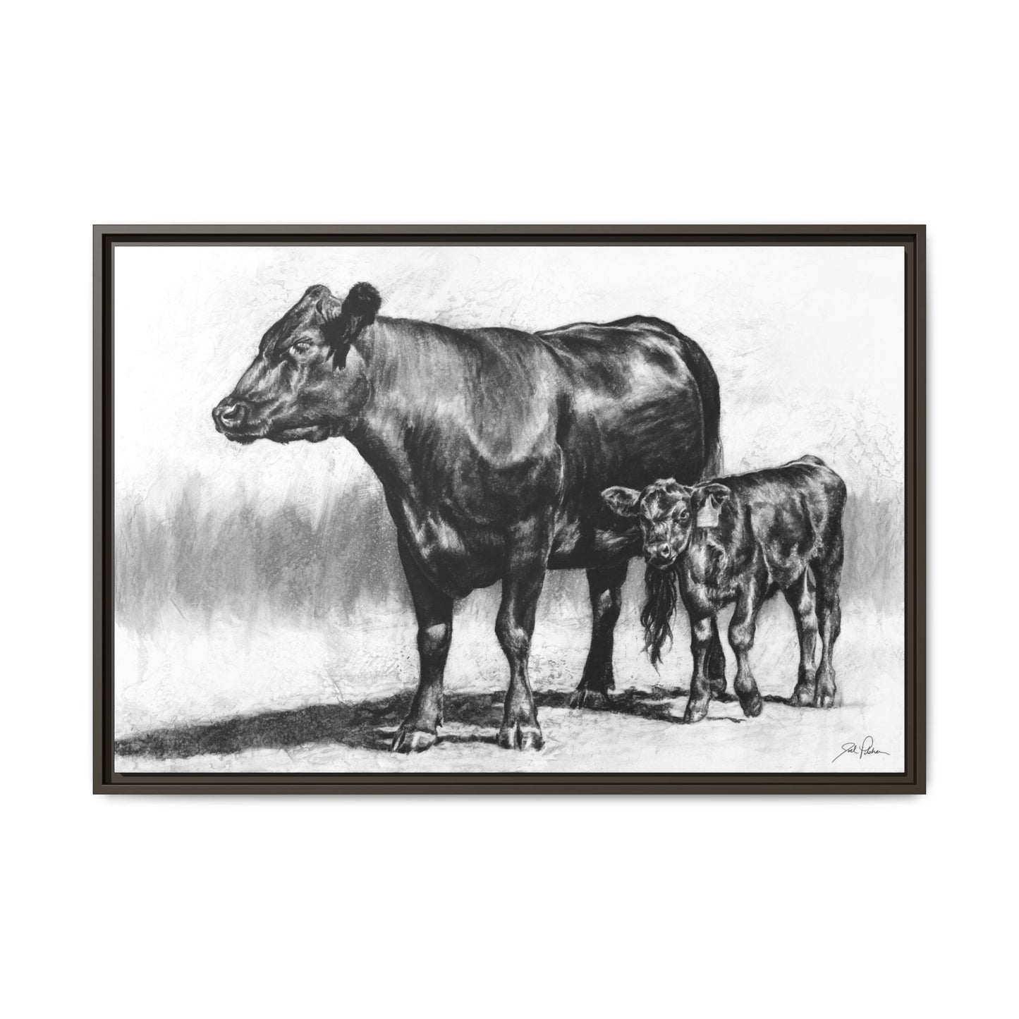 "Mama Cow & Calf" Framed Canvas
