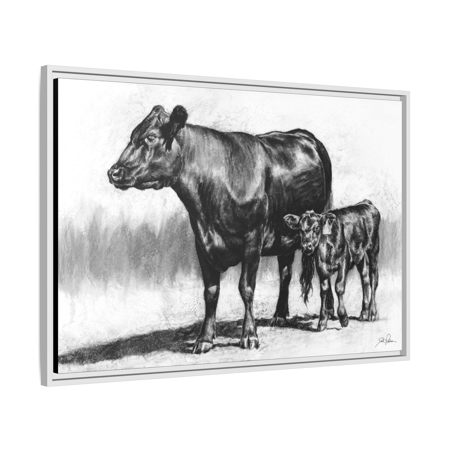 "Mama Cow & Calf" Framed Canvas