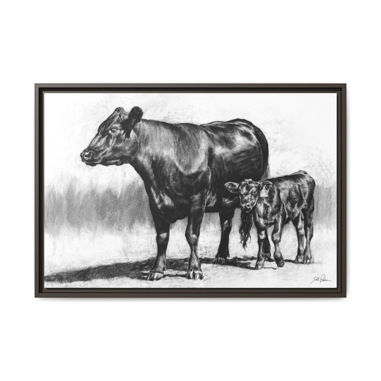 "Mama Cow & Calf" Framed Canvas