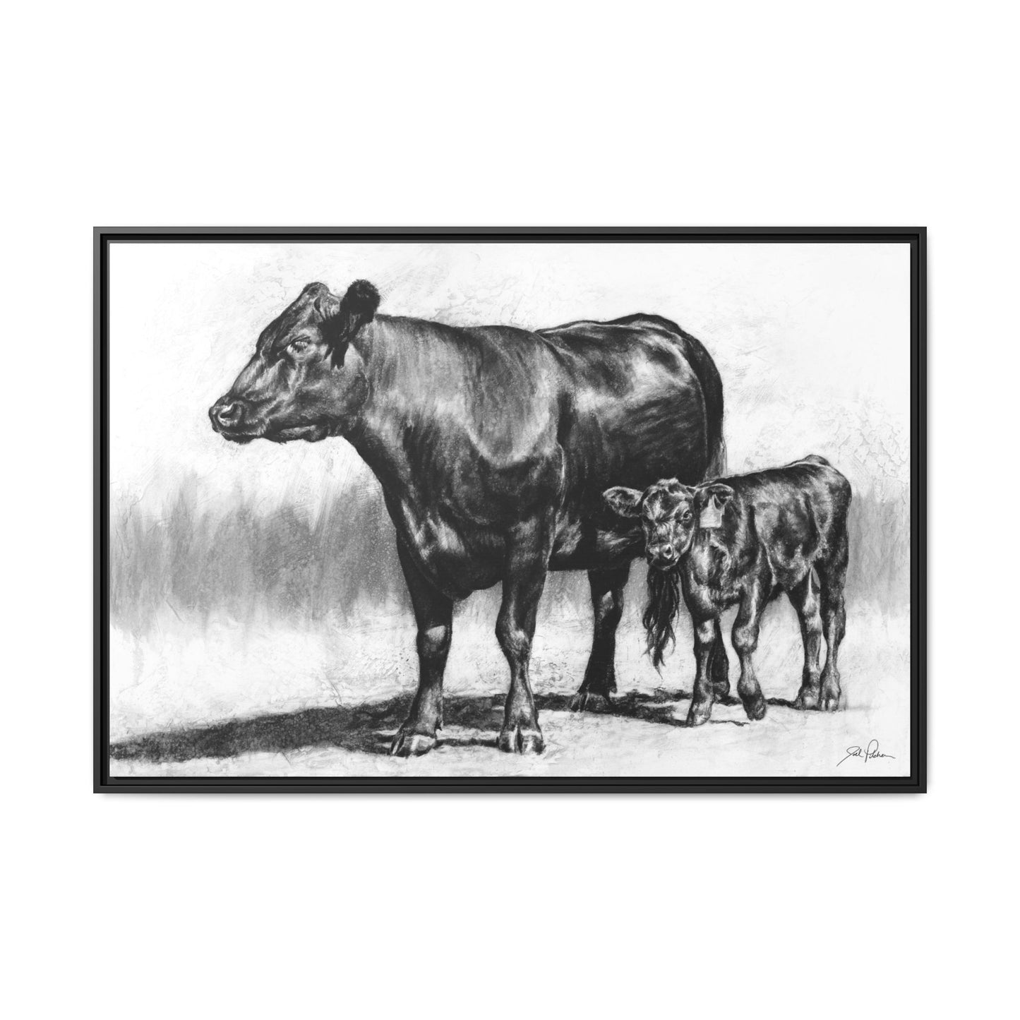 "Mama Cow & Calf" Framed Canvas