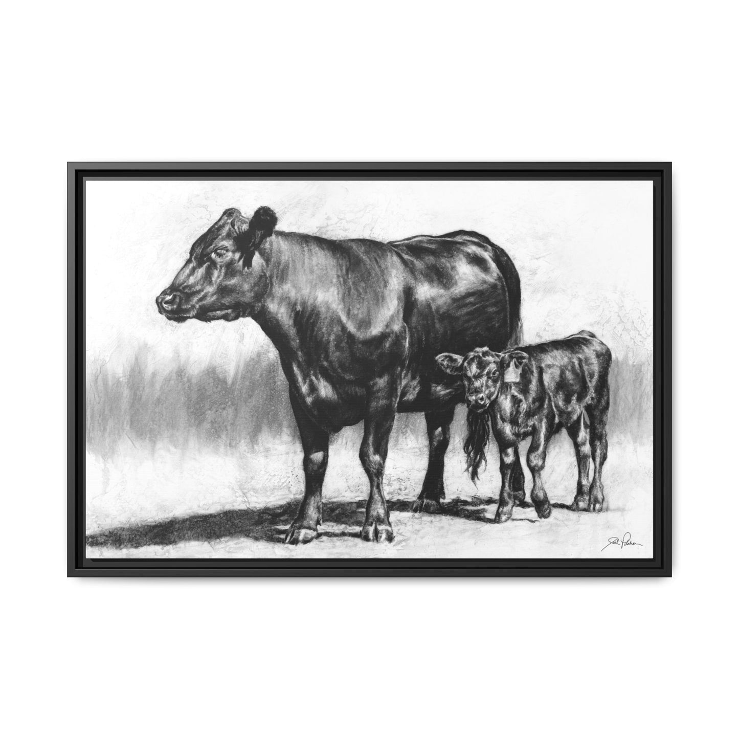 "Mama Cow & Calf" Framed Canvas