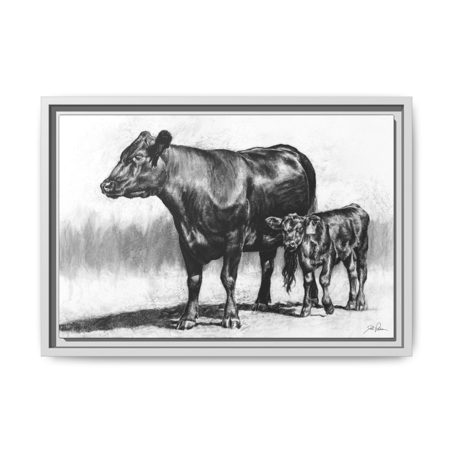"Mama Cow & Calf" Framed Canvas
