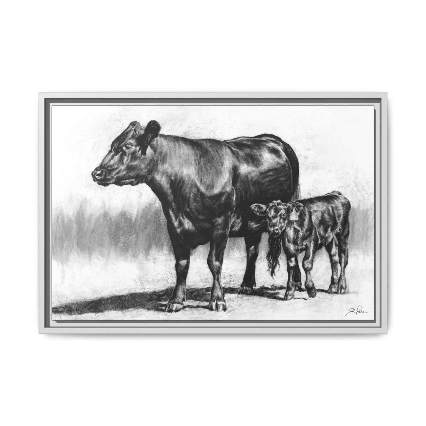 "Mama Cow & Calf" Framed Canvas