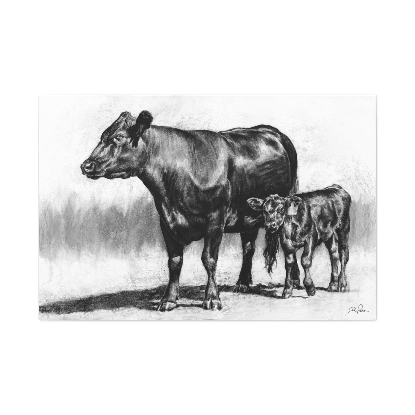 "Mama Cow & Calf" Stretched Canvas