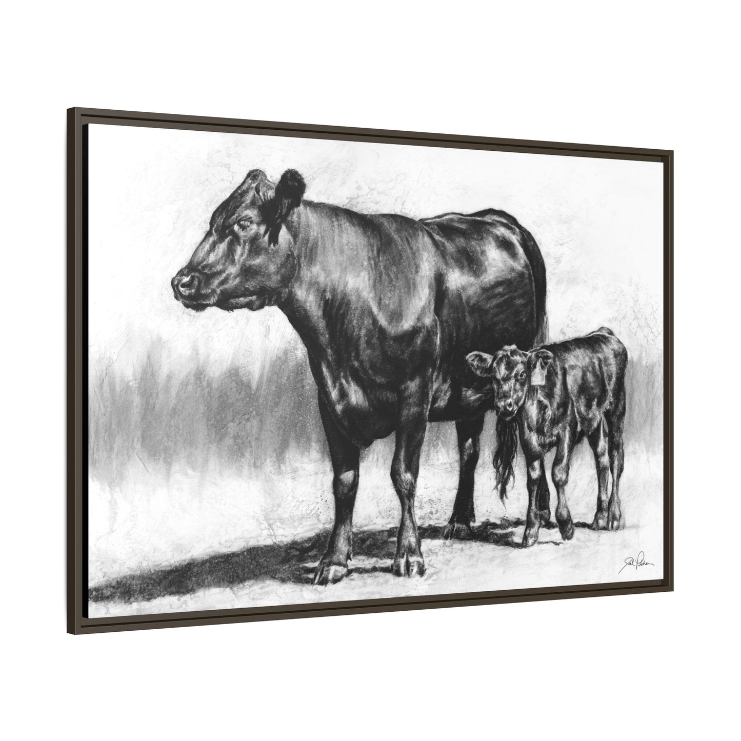 "Mama Cow & Calf" Framed Canvas