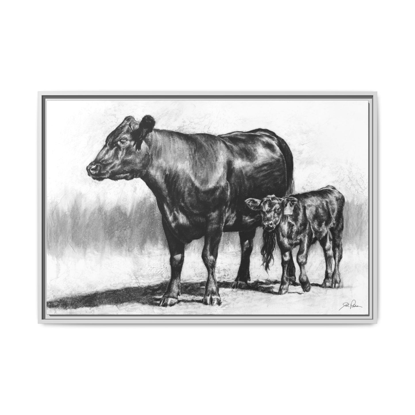 "Mama Cow & Calf" Framed Canvas